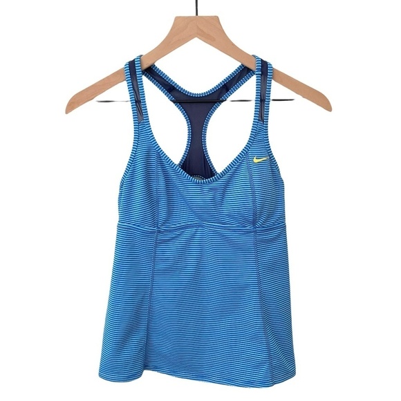 Nike Tankini Swimsuit Top Striped Blue Racerback Athletic Summer Vacation - Picture 1 of 7